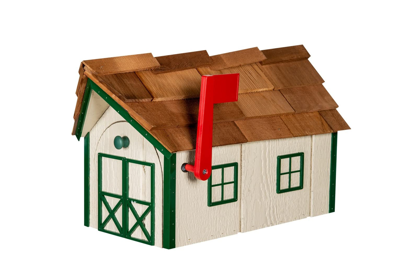 Wood Mailbox with Cedar Shaker Roof Amish Made Ivory with Green Trim
