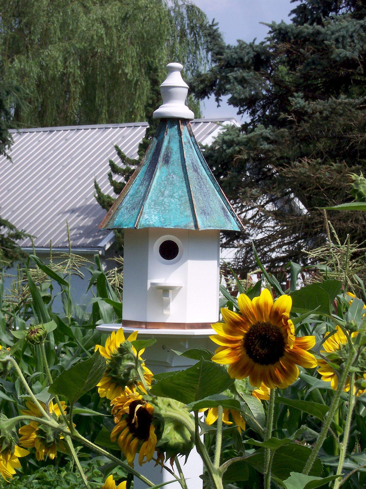 Woodpecker Birdhouse with Curved Patina Copper Roof